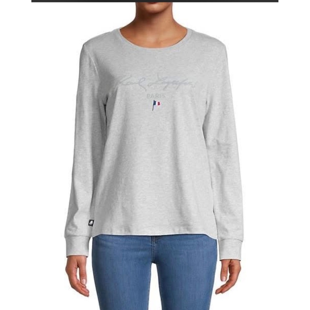 Karl Lagerfeld Paris Womens Heather Grey Long Sleeve Logo T-Shirt LKWM P0052 M
